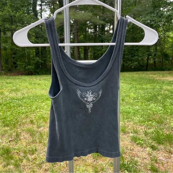 Brandy Melville Tops - Brandy Melville Skull Wing Distressed Ribbed Cropped Black Scoop Neck Tank Top